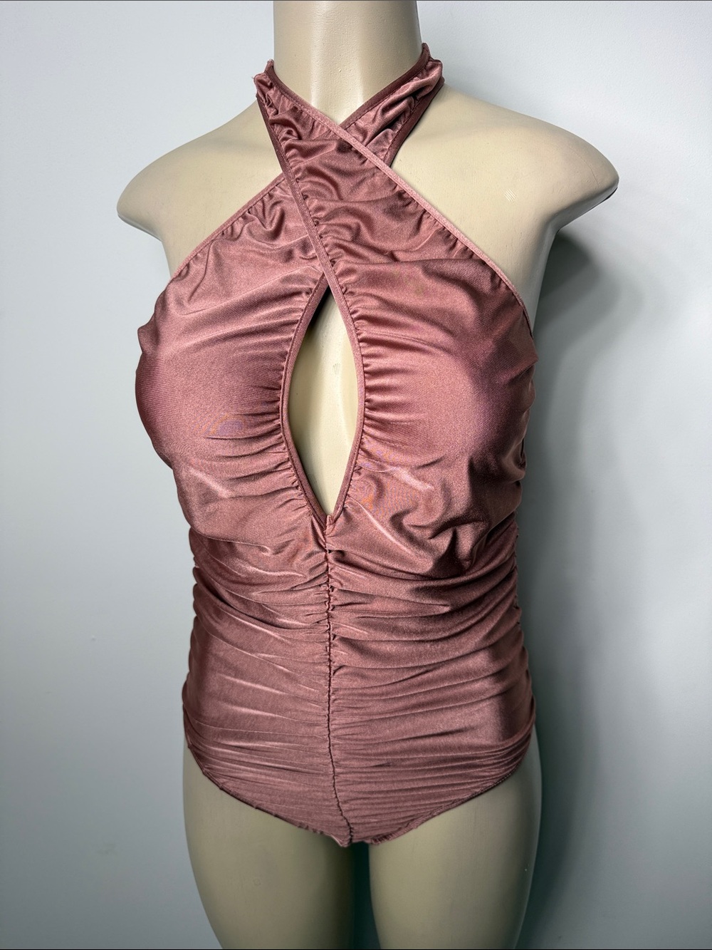 SHEIN brown Cross-Halter Ruched Keyhole Camisole